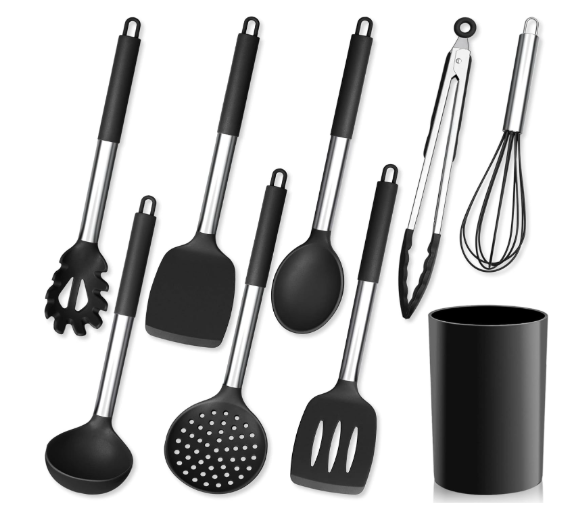 Herogo Juego de utensilios de cocina, 9 unidades, de silicona, con soporte para utensilios, color negro, espátula con mango de acero inoxidable, resistente al calor y antiadherente