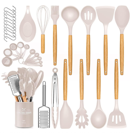 Juego de utensilios de cocina de silicona de 34 piezas, resistente al calor, juego de utensilios de cocina con espátula antiadherente (caqui)