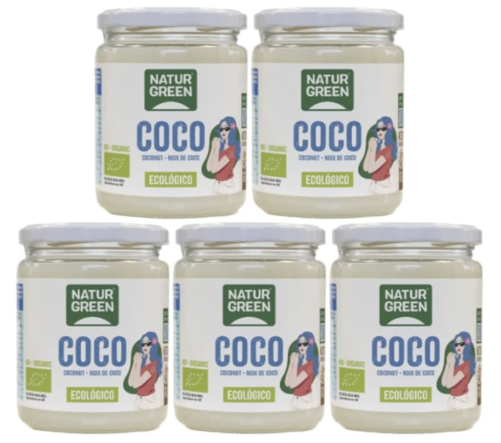 NaturGreen - Grasa de Coco Ecológico, 430 ml / 400 Gramos (5 unidades), Envase Vidrio, Ideal para Cocinar, Hidrata Piel y Cabello, Ingredientes Naturales, Apto para Veganos